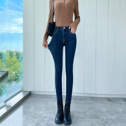 Dark Blue Jeans Women's High Waist Spring Stretch Slimming Skinny Close-fitting Fleece