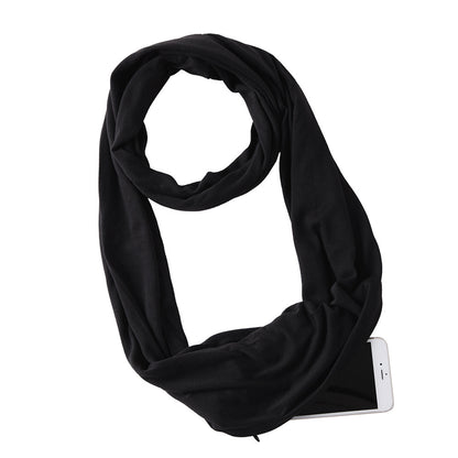 Creative Scarf Women's Solid Color Jersey Storage Zipper Pocket Scarf