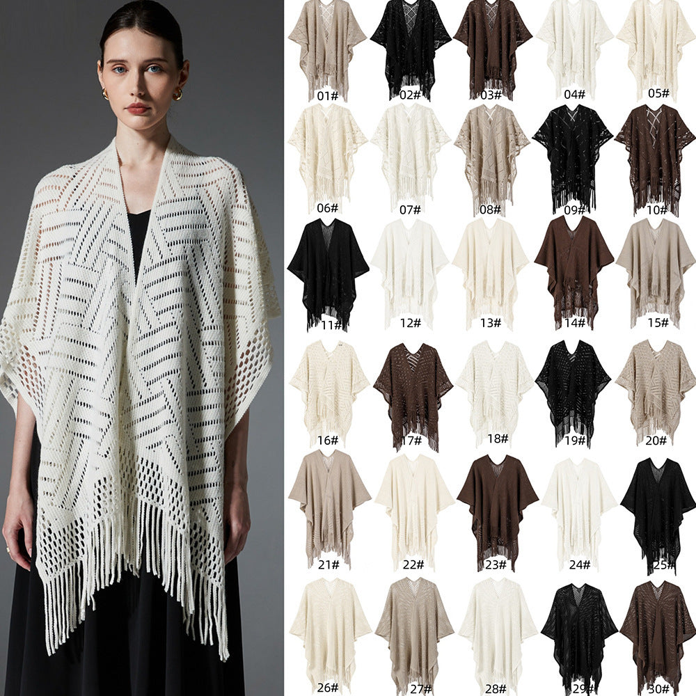 Warp Knitted Solid Color Tassel Thin Hollow Shawl