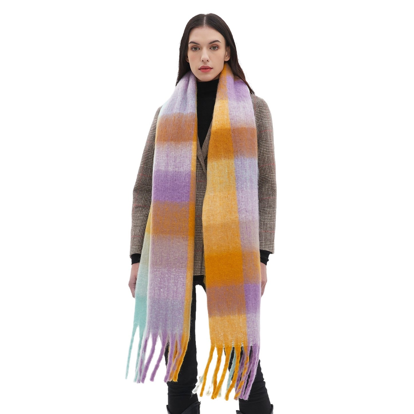 Men's And Women's Round Yarn Coarse Tassel Plaid Scarf