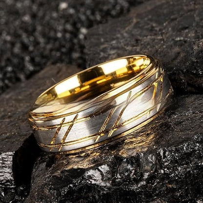 Men's Yellow Gold 8mm Simple Design Polished Twill Tungsten Ring