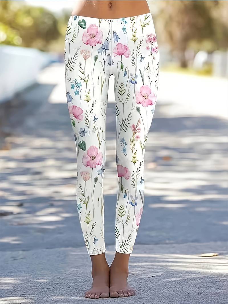 Leggings casuales ajustados con cintura elástica y estampado de flores para levantar la cadera