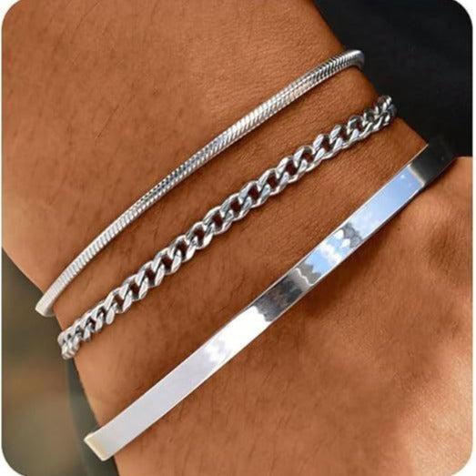 Pulsera apilable de acero inoxidable con puños, 3 piezas, brazalete en capas, cadena de serpiente, juego de pulseras de cadena de eslabones cubanos