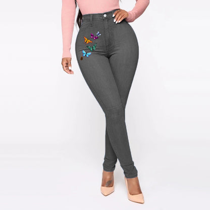 Pantalones vaqueros con estampado de mariposas para mujer, estilo europeo y americano, cintura alta