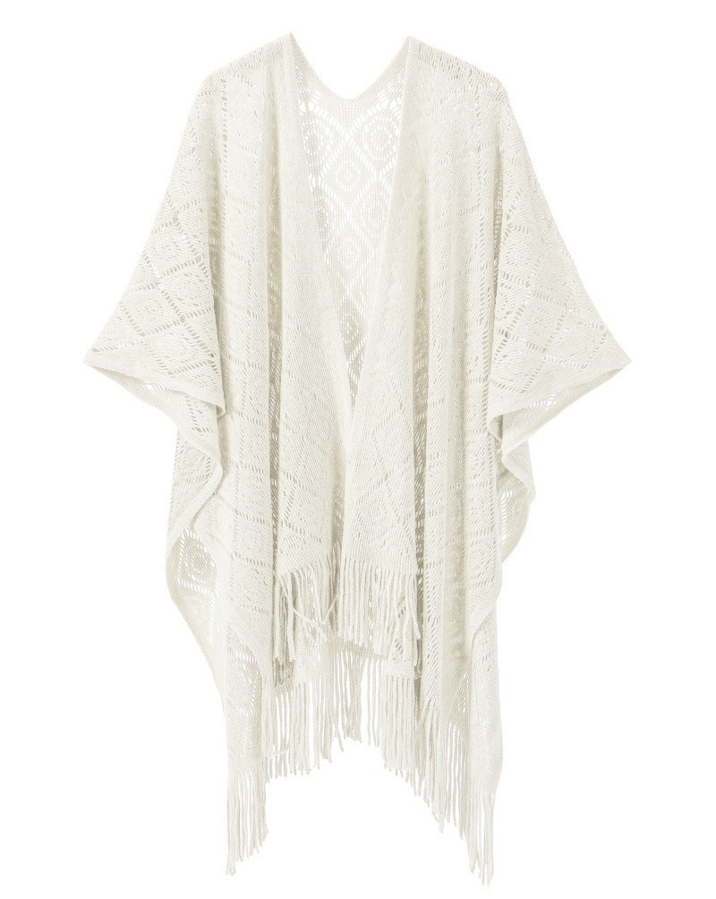 Warp Knitted Solid Color Tassel Thin Hollow Shawl