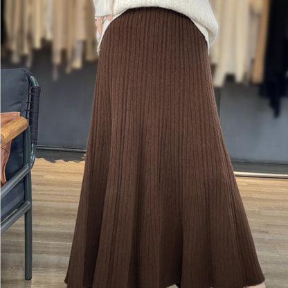 Pleated Long Wool Solid Skirt