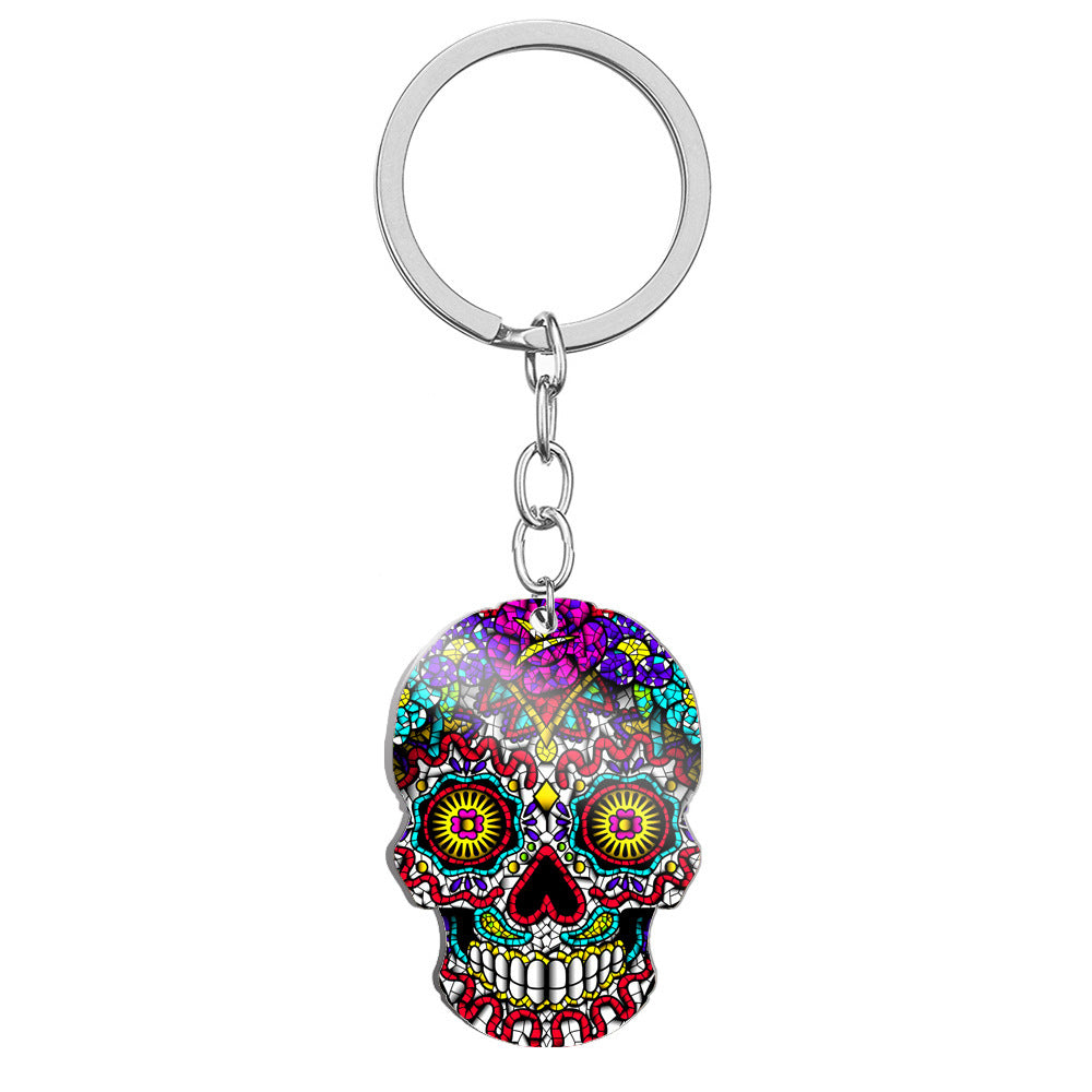 Day Of The Dead Skull Color Printing Stainless Steel Key Ring