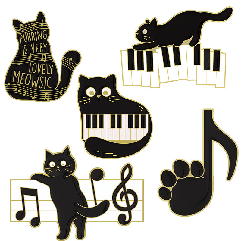 Cute Black Cat Piano Notes Alloy Brooch