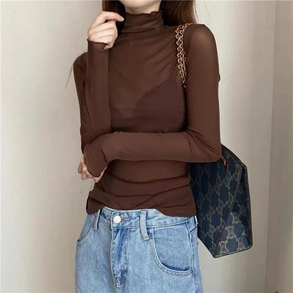 Women's Turtleneck Lace Bottoming Shirt With Wooden Ears