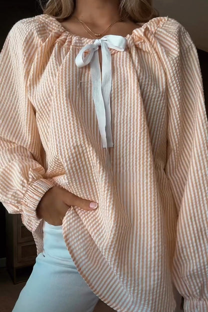 Women's Chiffon Shirt Striped Lace-up Top