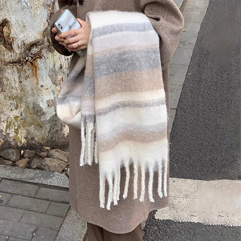 Fashion Striped Mohair Plaid Scarf For Women