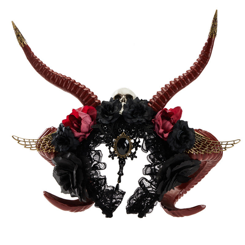 Diadema gótica de cuerno de diablo oscuro con forma de calavera y cuerno de antílope rojo para Halloween