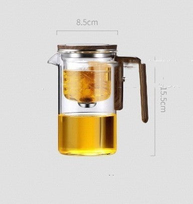 Tetera magnética con un solo clic, tetera de vidrio con filtración y mango de madera, recipiente interior para separar el agua del té