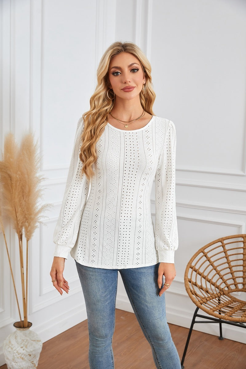 Round Neck Small Hole Bubble Sleeve Long Sleeve Top