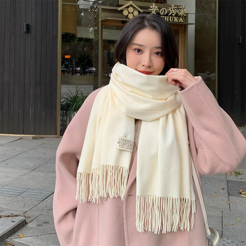 250g Solid Color Artificial Cashmere Scarf Thickened Warm Tassel Monochrome Shawl