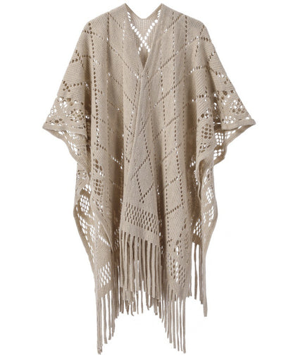 Warp Knitted Solid Color Tassel Thin Hollow Shawl