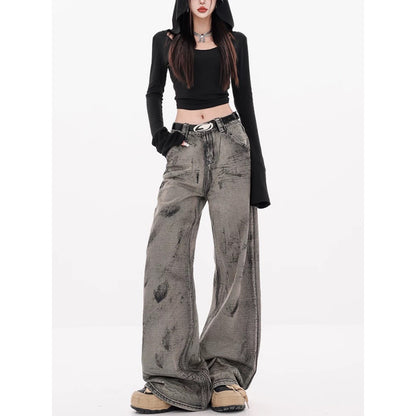 Retro Waste Soil Style Tie-dyed Wide-leg Jeans For Women