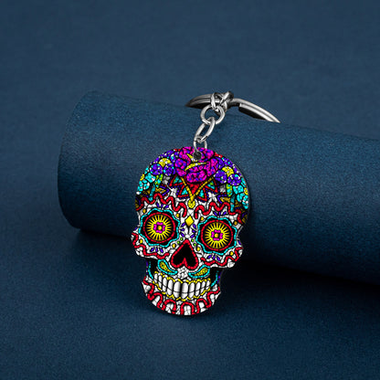 Day Of The Dead Skull Color Printing Stainless Steel Key Ring