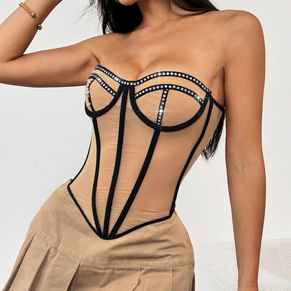 Fashionable Sequins Special-interest Design Sheer Mesh Hot Girl Slim Tube Top