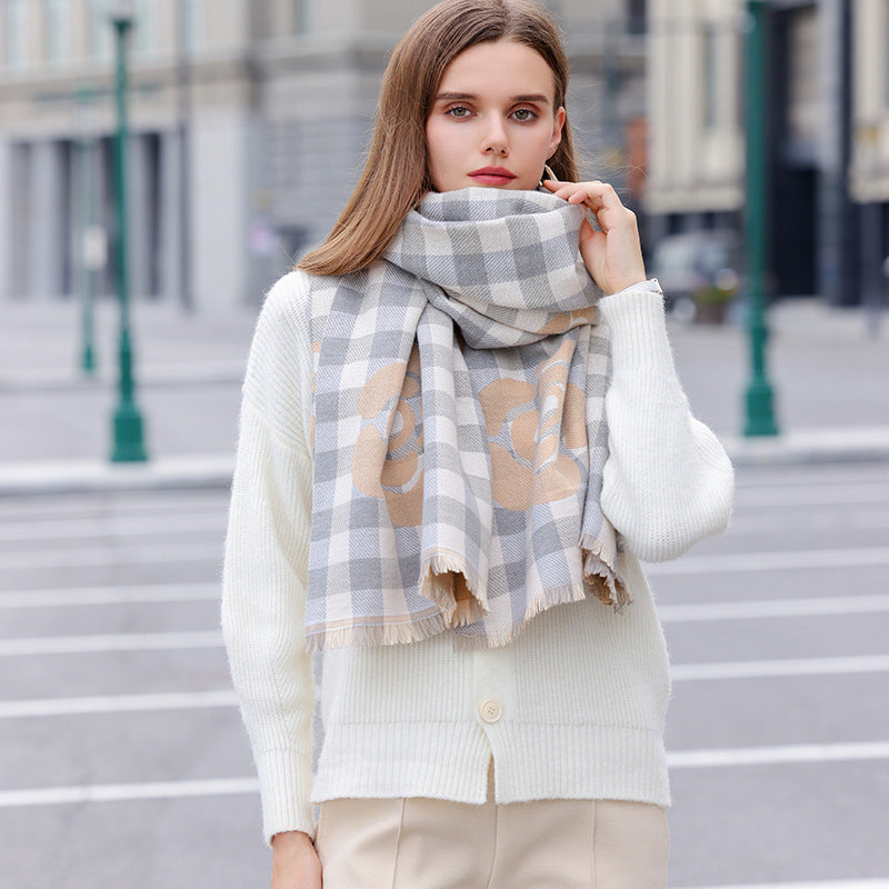 High-grade Cold Protection In Autumn And Winter Thermal Plaid Scarf Printed Tassel Mid-length Shawl