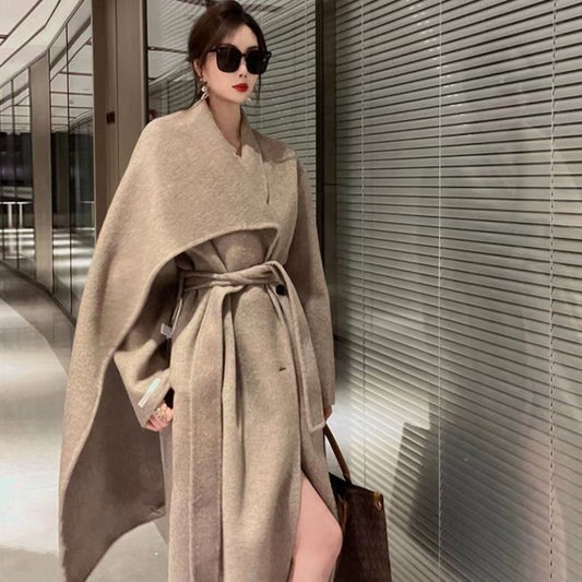 Women's Double-sided Cashmere Coat With Scarf Elegant Woolen Overcoat