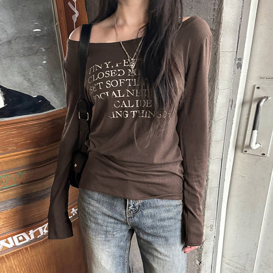 Printed Loose Large Round Neck Long Sleeves T-shirt For Women