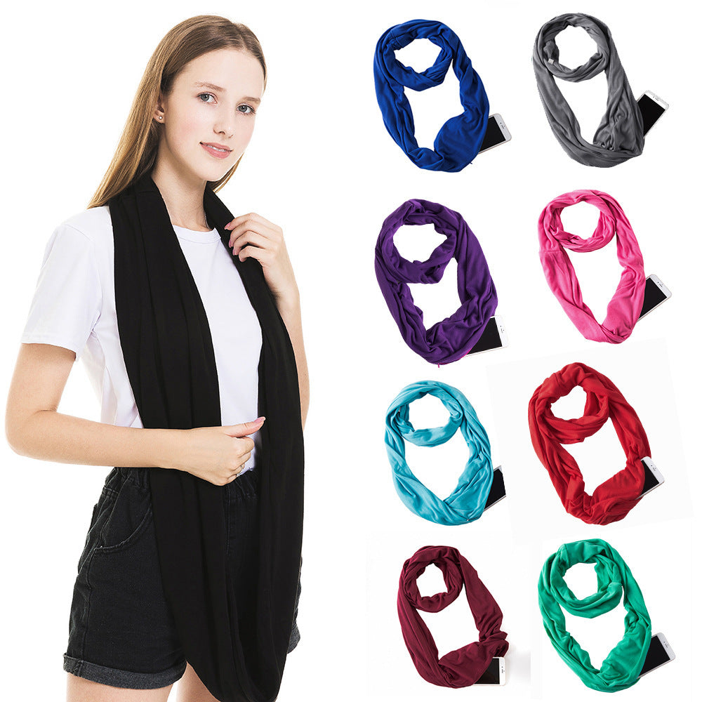 Creative Scarf Women's Solid Color Jersey Storage Zipper Pocket Scarf