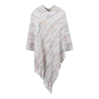 Hooded Striped Tassel Cape And Shawl Women