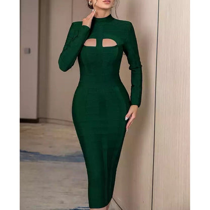 Dark Green Stand Collar Long Sleeve Slim Fit Bandage Dress