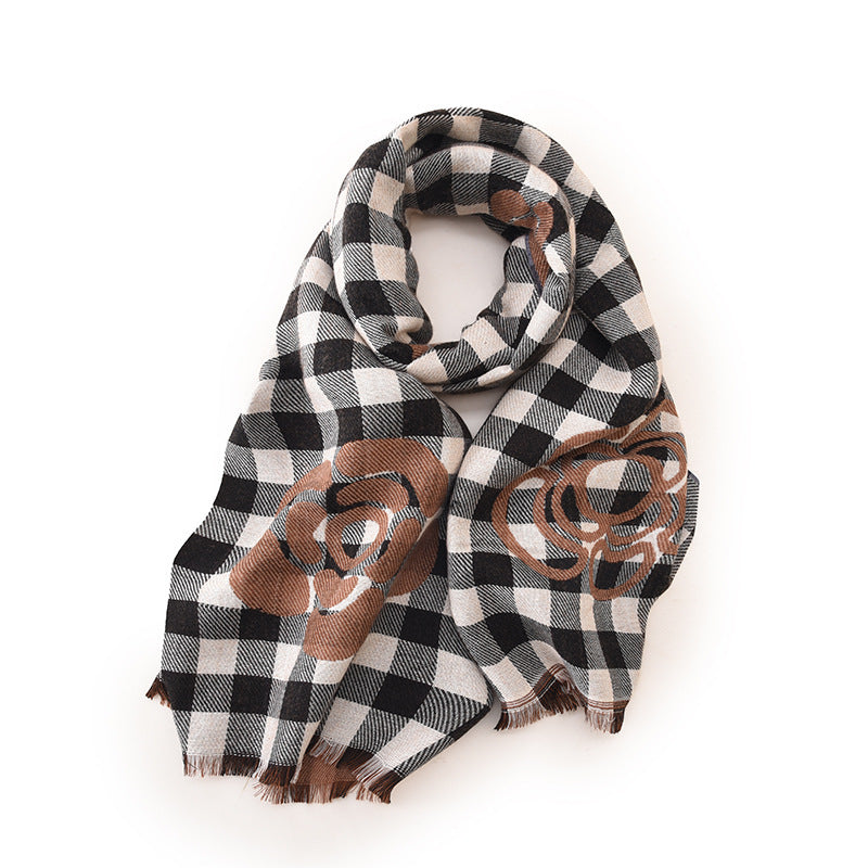 High-grade Cold Protection In Autumn And Winter Thermal Plaid Scarf Printed Tassel Mid-length Shawl