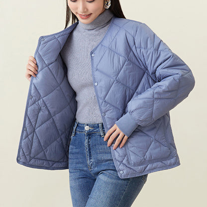 Nuevo abrigo de algodón con costura de rombos, chaqueta cálida de cuello redondo para invierno con bolsillos, ropa de abrigo ligera para mujer