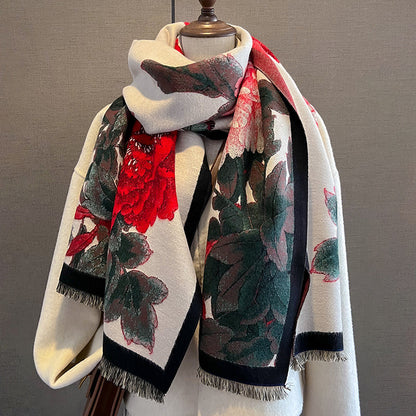 Retro Floral Artificial Cashmere Scarf Women's Thick Warm Scarf