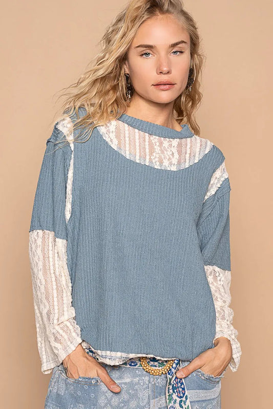 Blusa de manga larga con cuello redondo y panel de encaje POL