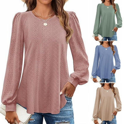 Round Neck Small Hole Bubble Sleeve Long Sleeve Top