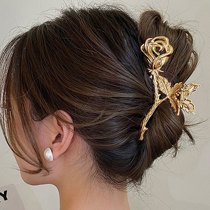 Pinza para el pelo con diseño de nicho francés, de metal plateado y con forma de rosa, para mujer