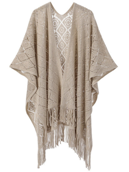 Warp Knitted Solid Color Tassel Thin Hollow Shawl