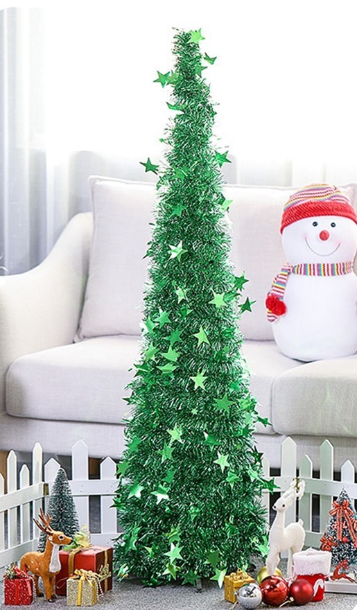 Árbol de Navidad artificial con oropel y soporte. Hermoso árbol de Navidad artificial plegable para decoraciones navideñas.