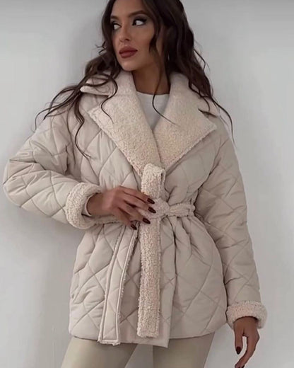 Abrigo de cuadros con solapa de invierno, abrigo de diseño atado a la cintura que combina con todo, ropa de abrigo para mujer