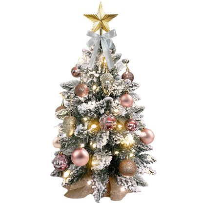 Mini árbol de Navidad de 2 pies con luz artificial, decoración navideña pequeña para mesa con nieve flocada, decoración exquisita y adornos navideños para mesa para el hogar y la oficina, oro rosa