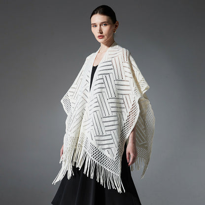 Warp Knitted Solid Color Tassel Thin Hollow Shawl