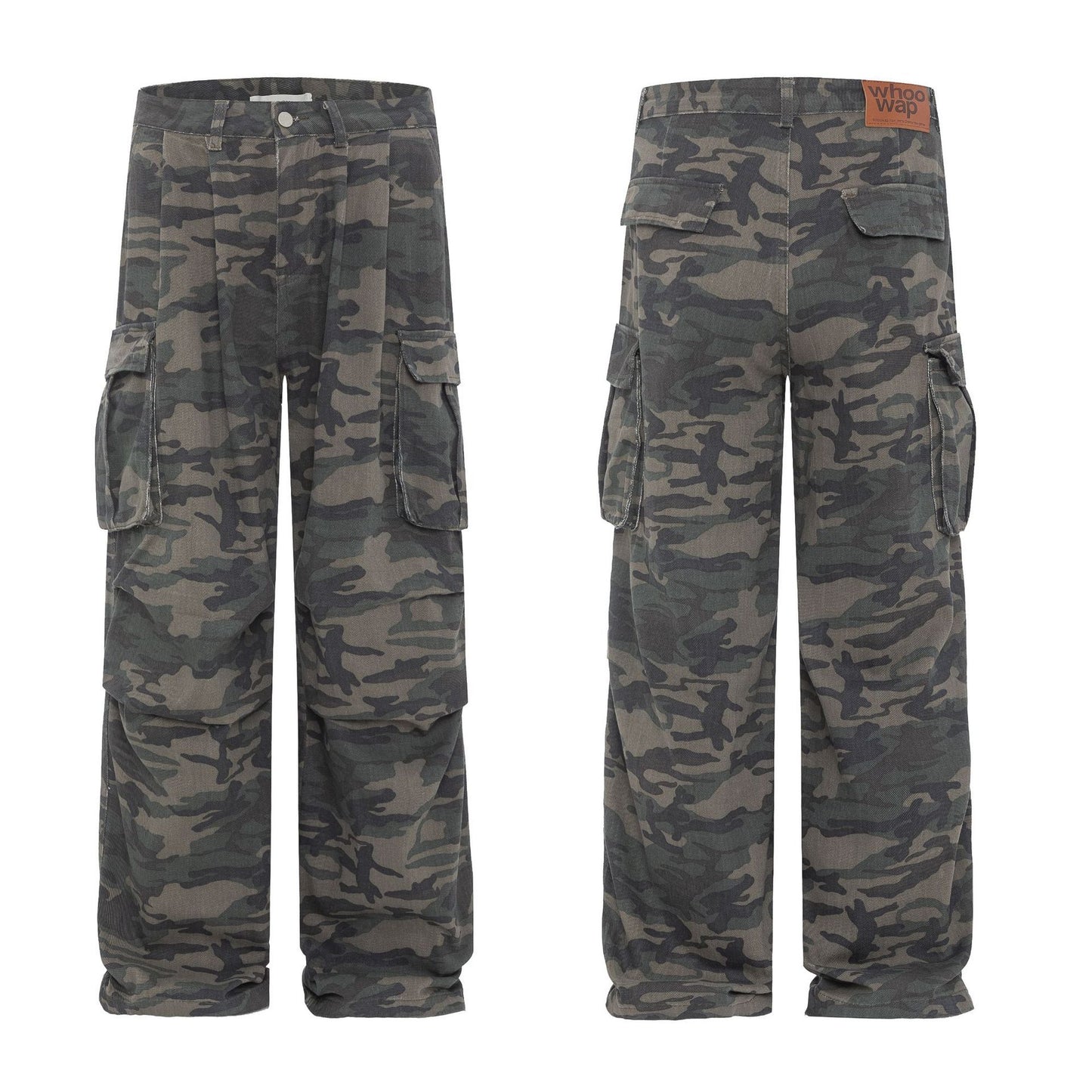 Retro Washed Camouflage Workwear With Pocket Straight Loose Jeans