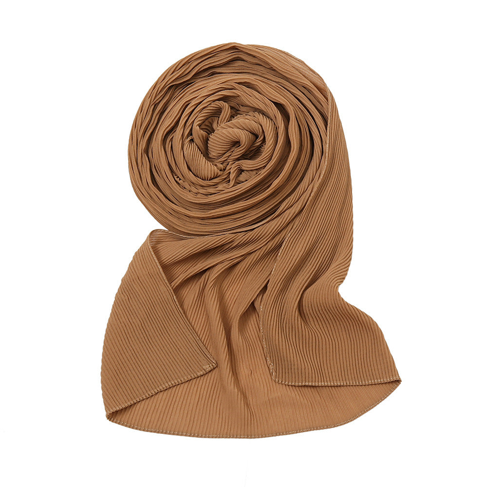 Pure Color Pearl Chiffon Pleated Scarf Women's Sunscreen Shawl