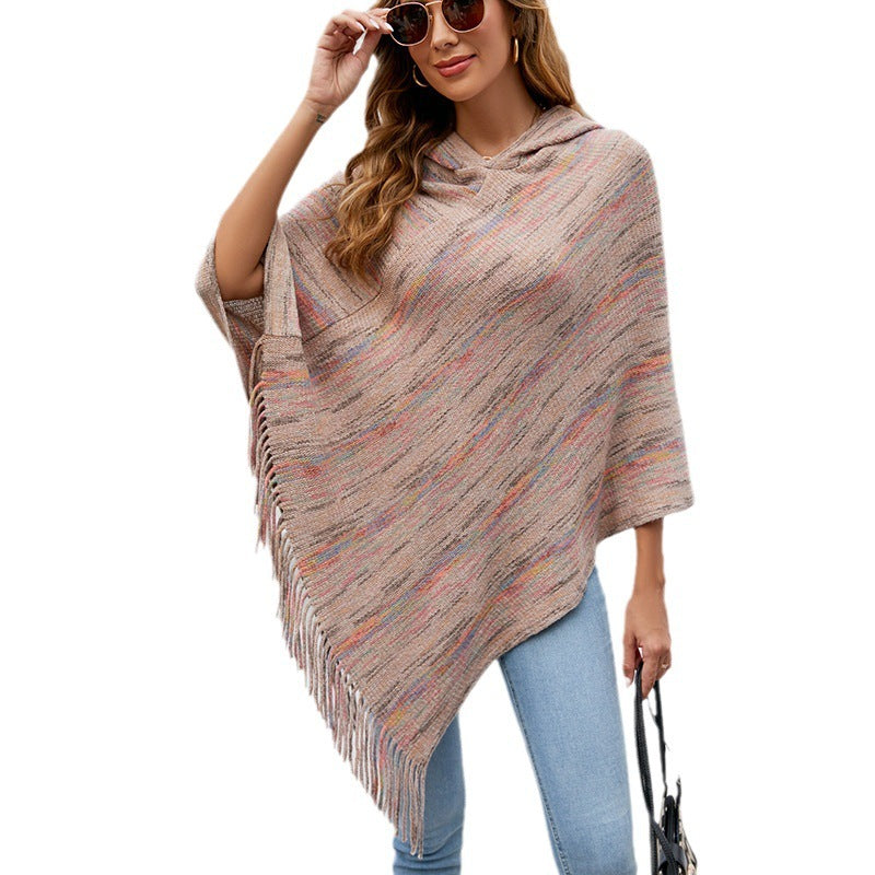 Hooded Striped Tassel Cape And Shawl Women