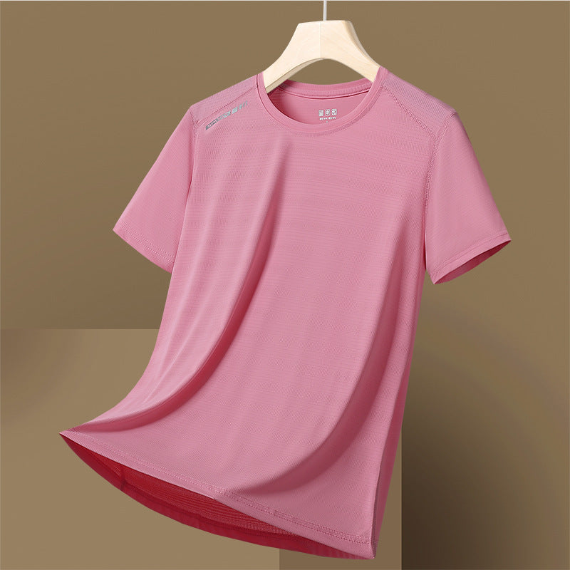 Camiseta de manga corta de secado rápido, fina, transpirable, de cuello redondo, que absorbe la humedad, de seda de hielo de alta elasticidad para mujer y hombre