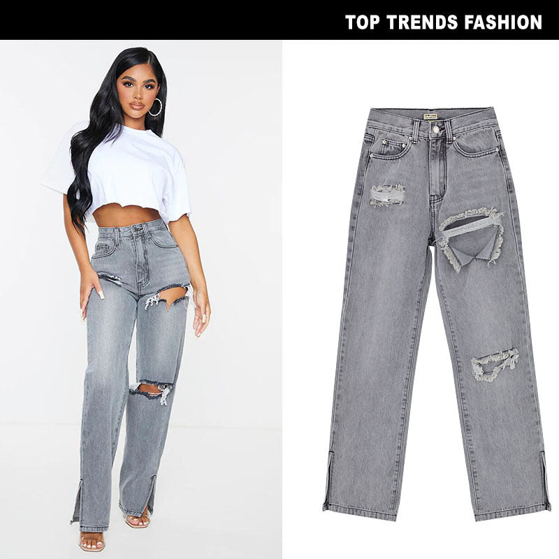 Women's High Waist Sand Gray Straight-leg Denim Trousers