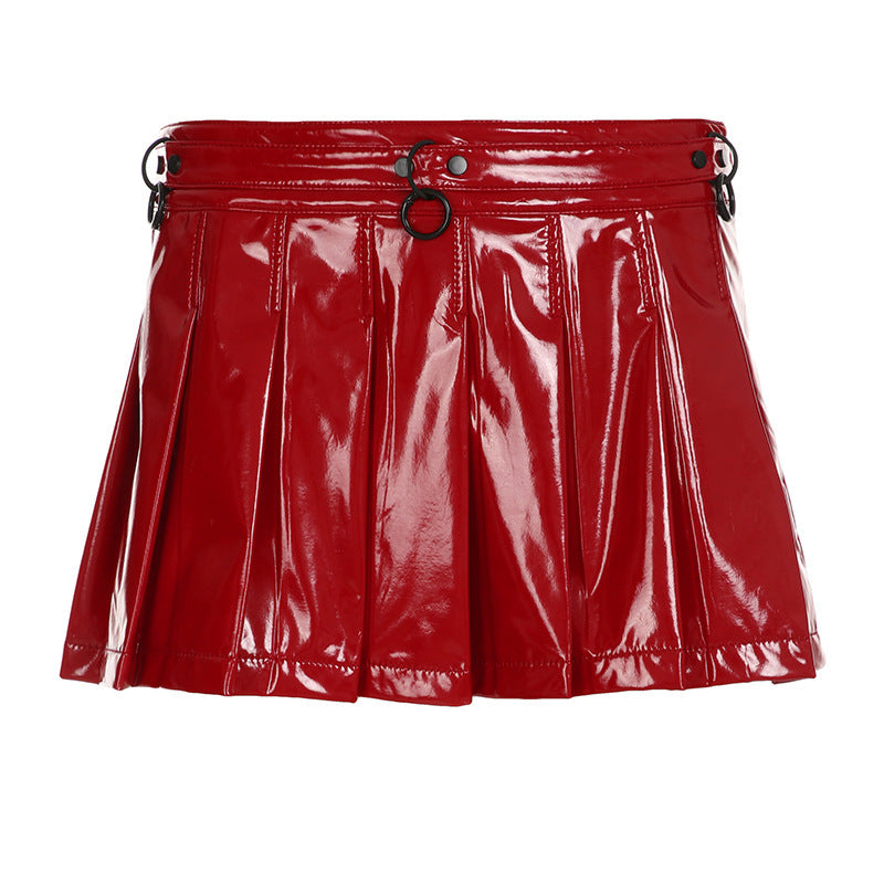 Wansheng New Low Waist Solid Color Pleated Leather Skirt