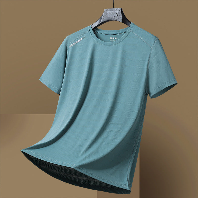 Camiseta de manga corta de secado rápido, fina, transpirable, de cuello redondo, que absorbe la humedad, de seda de hielo de alta elasticidad para mujer y hombre