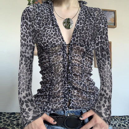 V-neck Hollow See-through Leopard Print Top