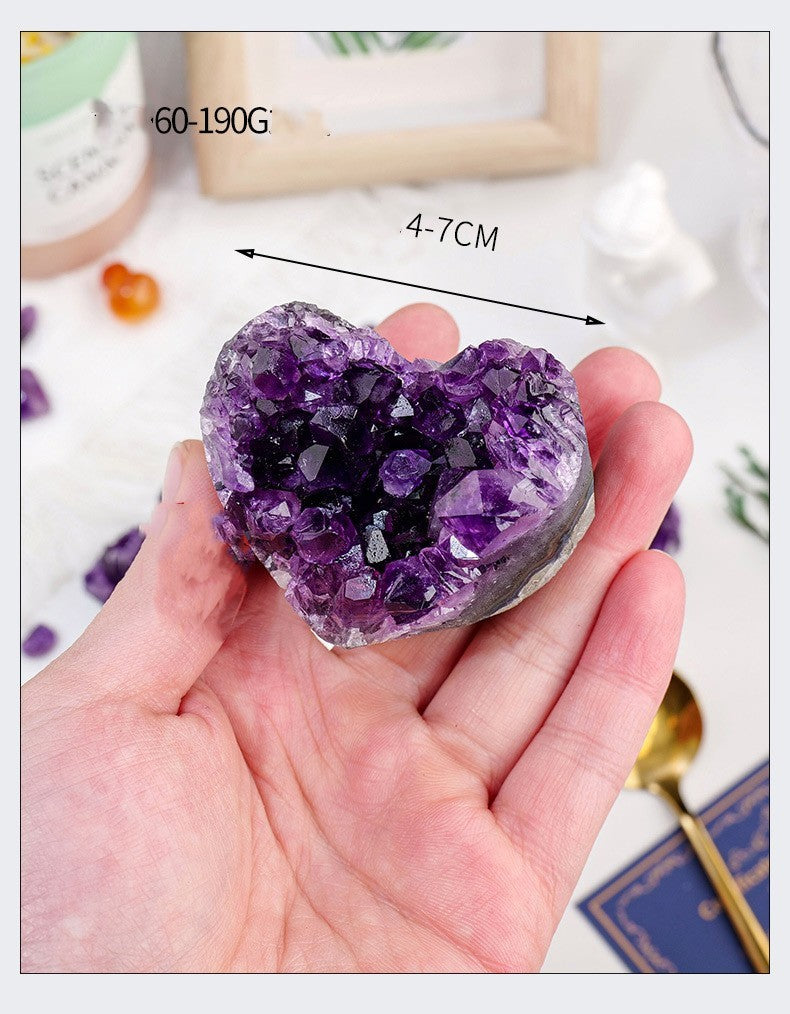 Pieza decorativa de amor en racimo de cristal de agua púrpura, muestra de mineral de piedra cruda, corazón