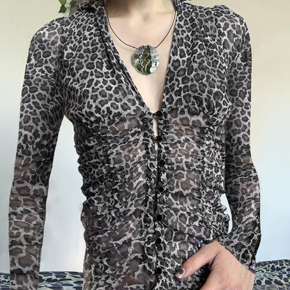 V-neck Hollow See-through Leopard Print Top